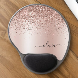 Rose Gold - Blush Pink Glitter Metal Monogram Name Gel Mouse Pad