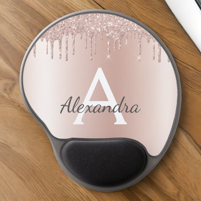 Rose Gold - Blush Pink Glitter Metal Monogram Name Gel Mouse Pad (Creator Uploaded)