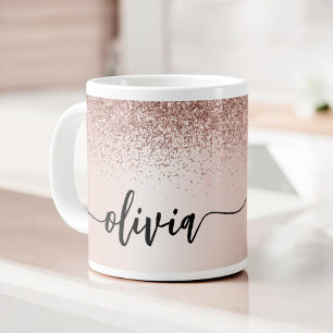 Rose Gold - Blush Pink Glitter Metal Monogram Name Giant Coffee Mug