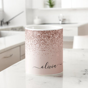 Rose Gold - Blush Pink Glitter Metal Monogram Name Giant Coffee Mug