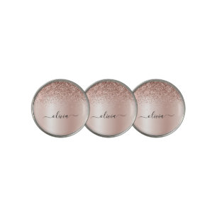 Rose Gold - Blush Pink Glitter Metal Monogram Name Golf Ball Marker