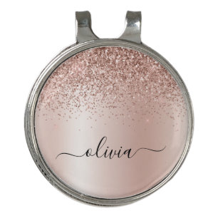 Rose Gold - Blush Pink Glitter Metal Monogram Name Golf Hat Clip