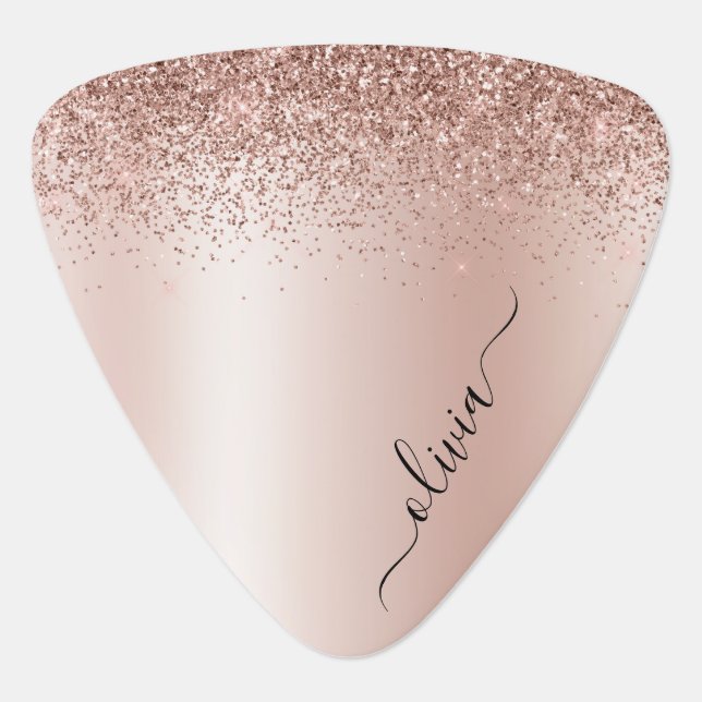 Rose Gold - Blush Pink Glitter Metal Monogram Name Guitar Pick (Front)