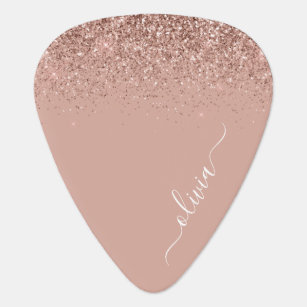 Rose Gold Blush Pink Glitter Metal Monogram Name Guitar Pick