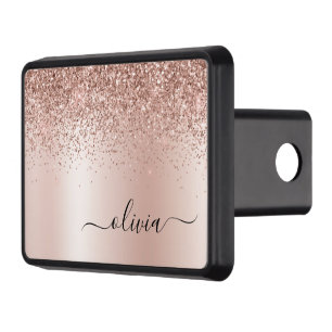 Rose Gold - Blush Pink Glitter Metal Monogram Name Hitch Cover