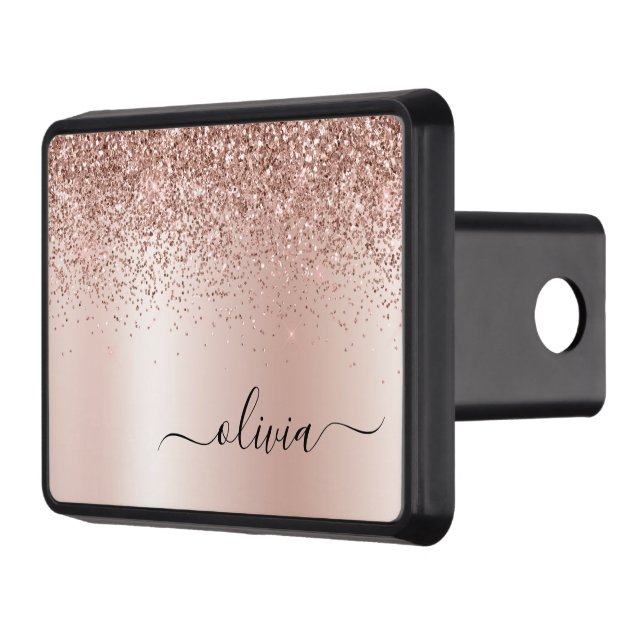 Rose Gold - Blush Pink Glitter Metal Monogram Name Hitch Cover (Left)