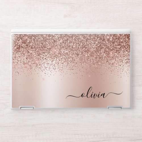 Rose Gold _ Blush Pink Glitter Metal Monogram Name HP Laptop Skin