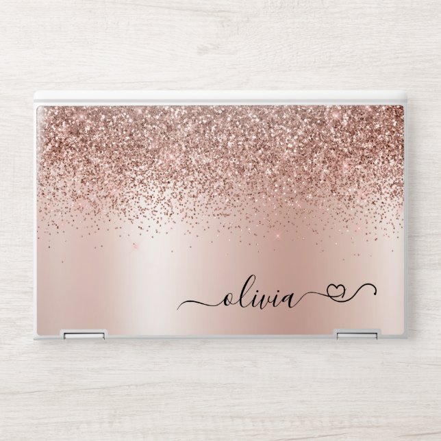 Rose Gold - Blush Pink Glitter Metal Monogram Name HP Laptop Skin (Front)