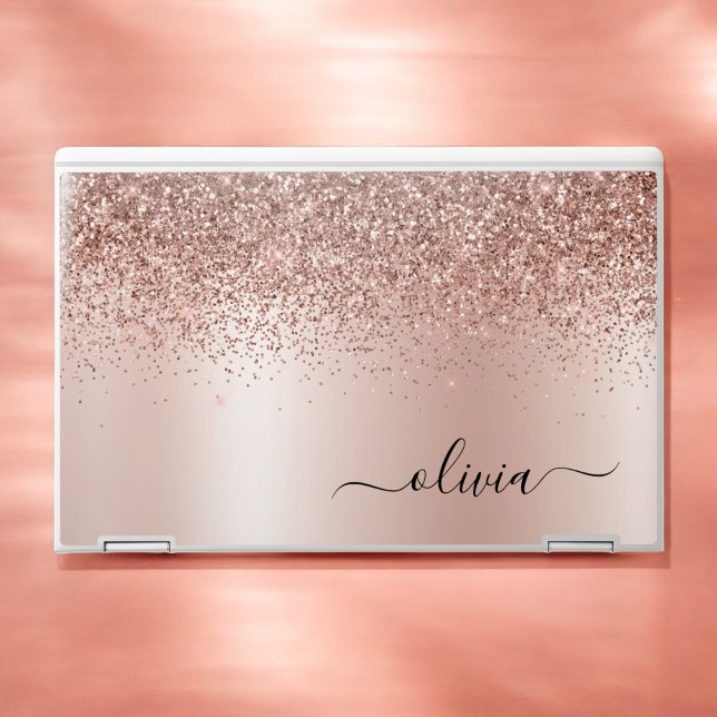 Rose Gold - Blush Pink Glitter Metal Monogram Name HP Laptop Skin (Creator Uploaded)