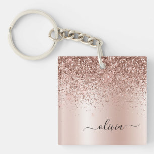Rose Gold - Blush Pink Glitter Metal Monogram Name Keychain