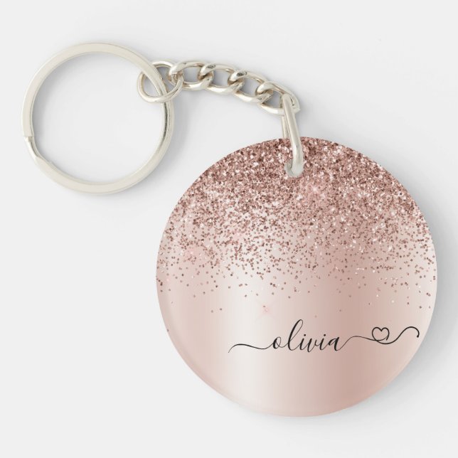 Rose Gold - Blush Pink Glitter Metal Monogram Name Keychain (Front)
