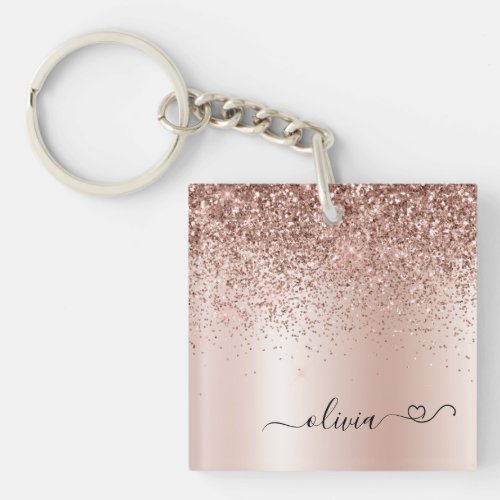 Rose Gold _ Blush Pink Glitter Metal Monogram Name Keychain