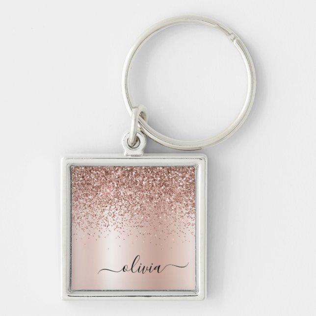 Rose Gold - Blush Pink Glitter Metal Monogram Name Keychain (Front)