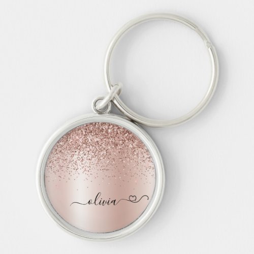 Rose Gold _ Blush Pink Glitter Metal Monogram Name Keychain