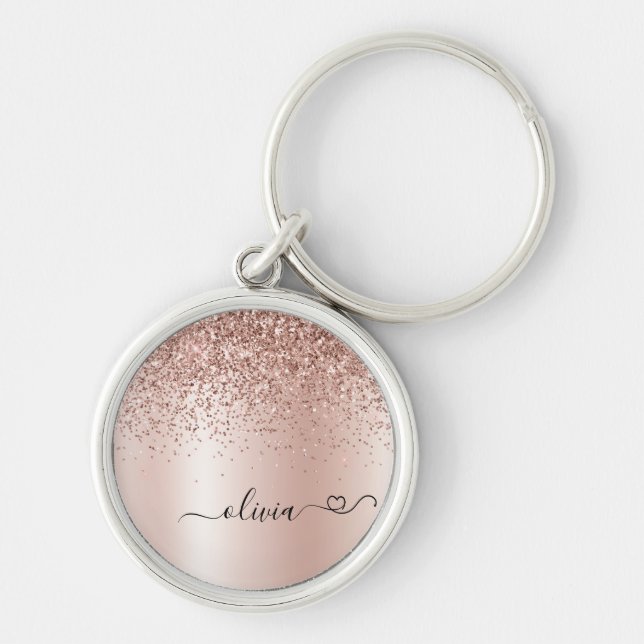 Rose Gold - Blush Pink Glitter Metal Monogram Name Keychain (Front)