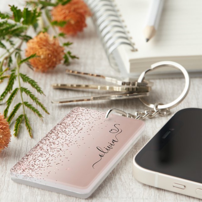 Rose Gold - Blush Pink Glitter Metal Monogram Name Keychain (Front Right)