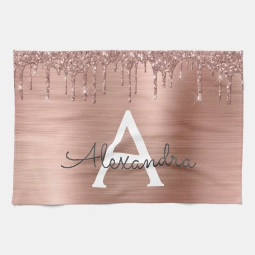 Rose Gold _ Blush Pink Glitter Metal Monogram Name Kitchen Towel