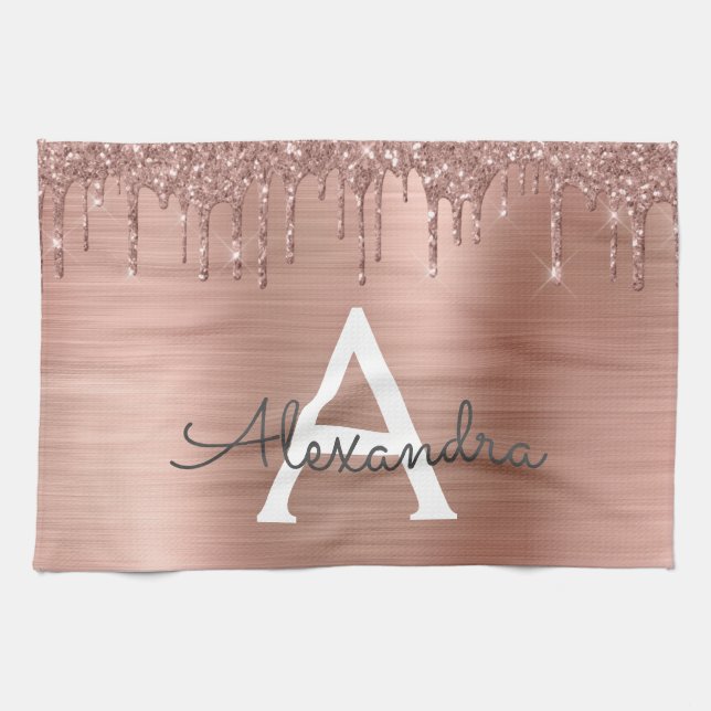 Rose Gold - Blush Pink Glitter Metal Monogram Name Kitchen Towel (Horizontal)