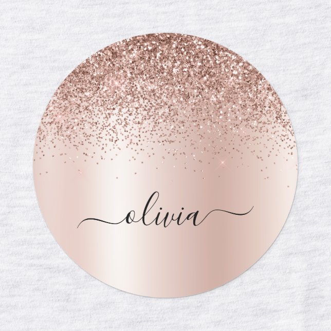 Rose Gold - Blush Pink Glitter Metal Monogram Name Labels (Design 1)