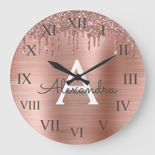 Rose Gold _ Blush Pink Glitter Metal Monogram Name Large Clock