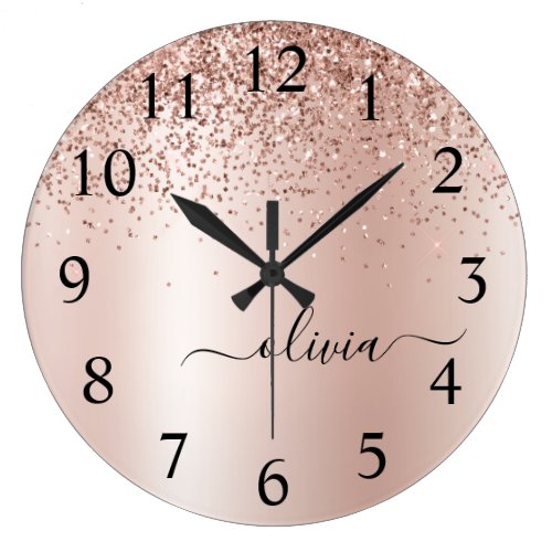 Rose Gold - Blush Pink Glitter Metal Monogram Name Large Clock