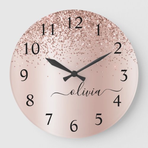 Rose Gold _ Blush Pink Glitter Metal Monogram Name Large Clock