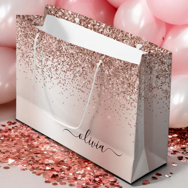 Rose Gold Blush Pink Glitter Metal Monogram Name Large Gift Bag Zazzle