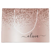 Rose Gold - Blush Pink Glitter Metal Monogram Name Large Gift Bag (Front)
