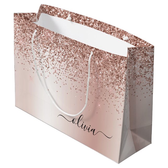 Rose Gold - Blush Pink Glitter Metal Monogram Name Large Gift Bag (Back Angled)