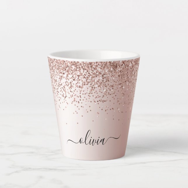 Rose Gold - Blush Pink Glitter Metal Monogram Name Latte Mug (Front)