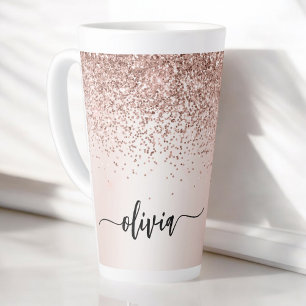 Rose Gold - Blush Pink Glitter Metal Monogram Name Latte Mug