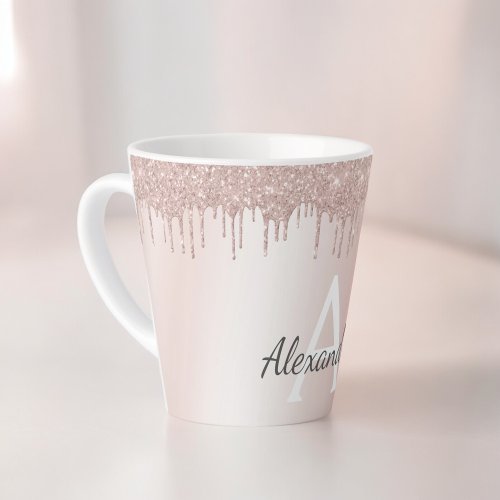 Rose Gold _ Blush Pink Glitter Metal Monogram Name Latte Mug