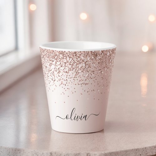 Rose Gold _ Blush Pink Glitter Metal Monogram Name Latte Mug