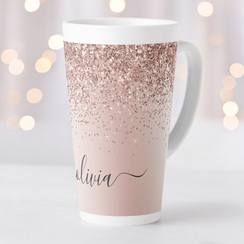 Rose Gold _ Blush Pink Glitter Metal Monogram Name Latte Mug