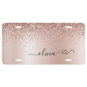 Rose Gold - Blush Pink Glitter Metal Monogram Name License Plate
