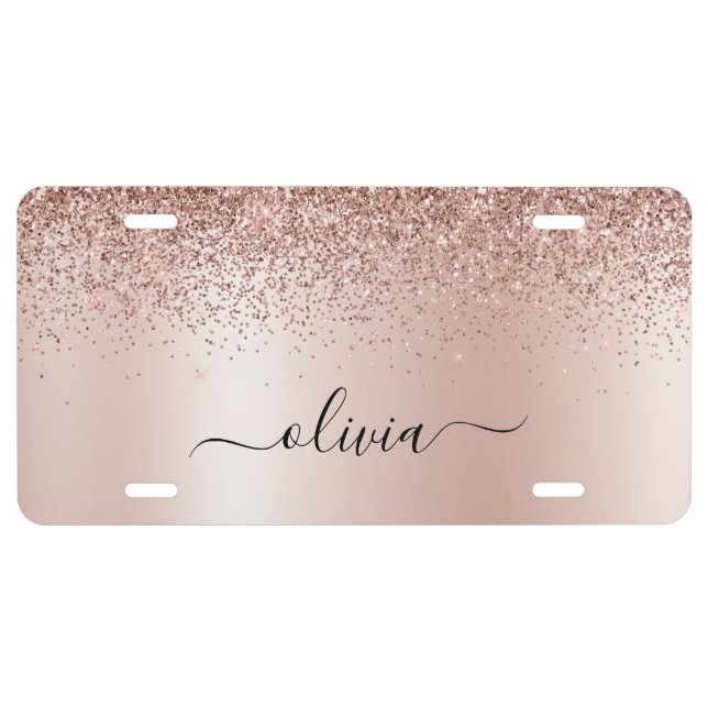 Rose Gold - Blush Pink Glitter Metal Monogram Name License Plate (Front)
