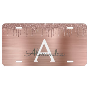 Rose Gold - Blush Pink Glitter Metal Monogram Name License Plate