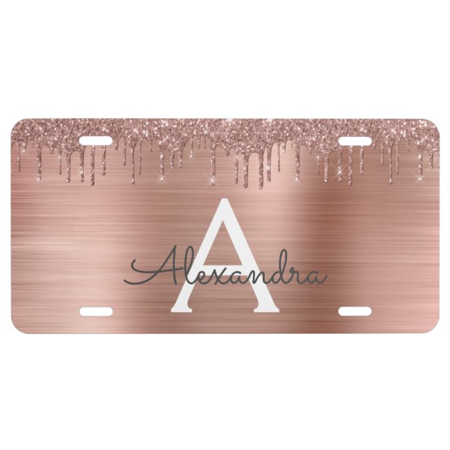 Rose Gold - Blush Pink Glitter Metal Monogram Name License Plate (Front)