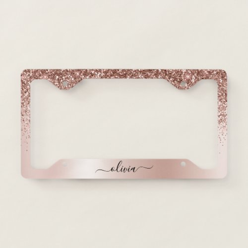 Rose Gold _ Blush Pink Glitter Metal Monogram Name License Plate Frame