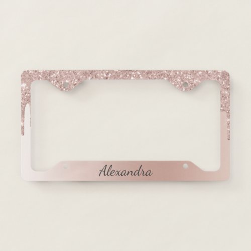 Rose Gold _ Blush Pink Glitter Metal Monogram Name License Plate Frame