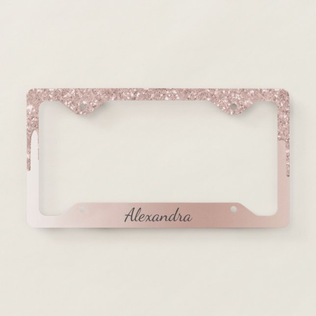 Rose Gold - Blush Pink Glitter Metal Monogram Name License Plate Frame (Front)