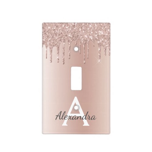 Rose Gold _ Blush Pink Glitter Metal Monogram Name Light Switch Cover
