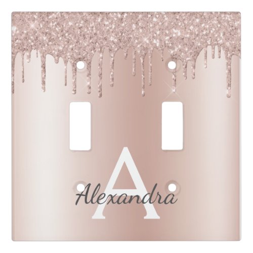 Rose Gold _ Blush Pink Glitter Metal Monogram Name Light Switch Cover