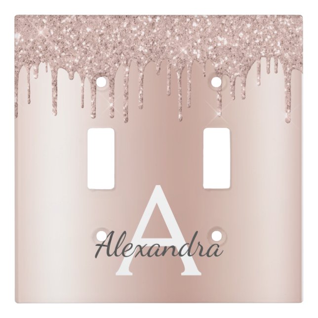 Rose Gold - Blush Pink Glitter Metal Monogram Name Light Switch Cover (Front)