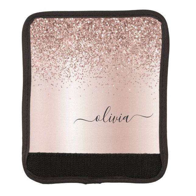 Rose Gold - Blush Pink Glitter Metal Monogram Name Luggage Handle Wrap (Front)