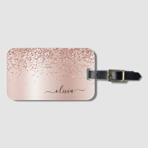 Rose Gold _ Blush Pink Glitter Metal Monogram Name Luggage Tag