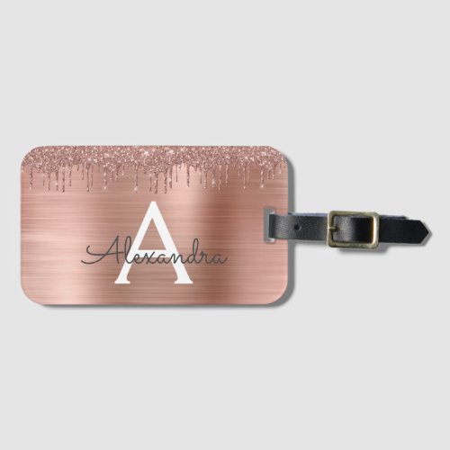 Rose Gold _ Blush Pink Glitter Metal Monogram Name Luggage Tag