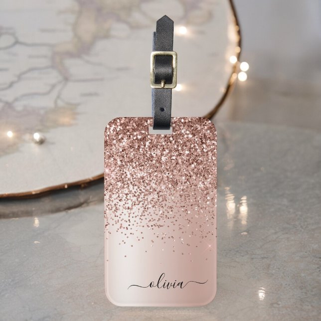 Rose Gold - Blush Pink Glitter Metal Monogram Name Luggage Tag (Creator Uploaded)