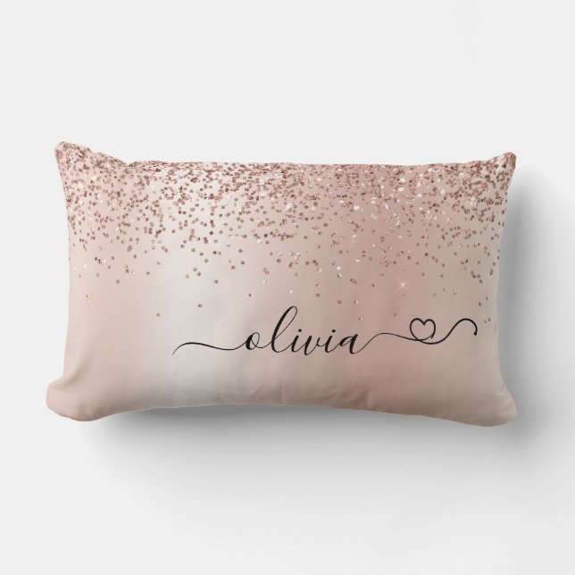 Rose Gold - Blush Pink Glitter Metal Monogram Name Lumbar Pillow (Front)