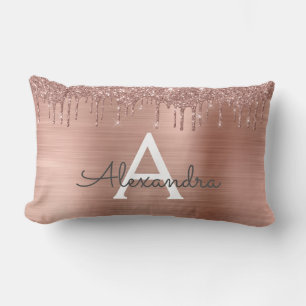 Rose Gold - Blush Pink Glitter Metal Monogram Name Lumbar Pillow